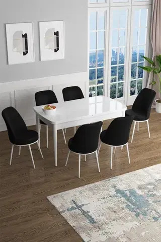 Jedálenské sety Extendable Dining Table & Chairs Set (7 Pieces) Han - White, Black