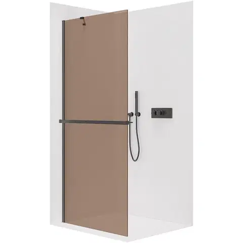 Sprchové dvere CERANO - Sprchová zástena Walk-in Onyx YL/P - 8 mm + polička / držiak na uteráky - čierna matná, bronzové sklo - 90x200 CER-689437