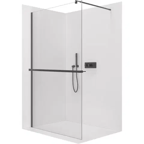 Držadlá k vani CERANO - Sprchová zástěna Walk-in Onyx Round L/P - 8 mm + polička/držák na ručníky - kulatá vzpěra - černá matná, transparentní sklo - 120x200  CER-476933