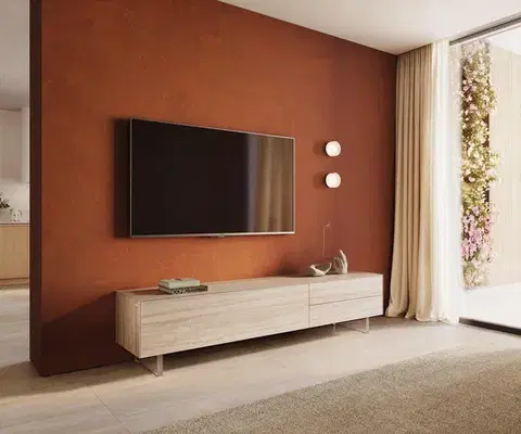 Televízne stolíky DELIFE TV stolík Cuor 220 cm keramika Laminam® Travertino Bianco krémovo biela 1 výklopné dvierka 2 zásuvky podstava závesná akrylové sklo