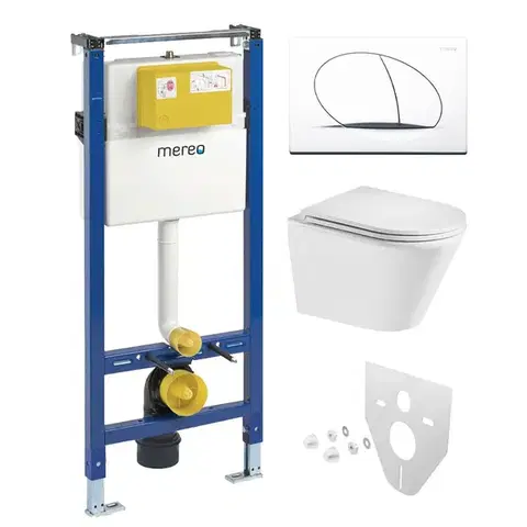 Záchody Mereo WC set - Smart flush rimless WC oblé, modul pre sadrokartón, biele oválne tlačidlo MM02NSETRT510