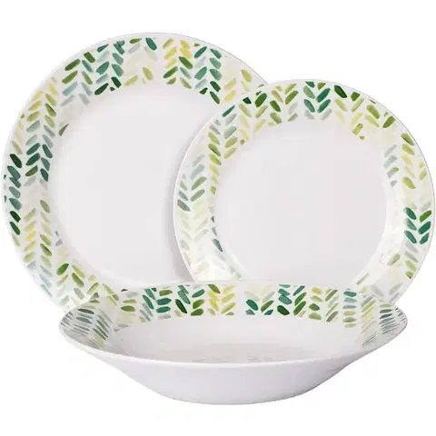 Jedálenské súpravy VERONI - Sada tanierov Wenus 18 dielna, zelené lístky, porcelán