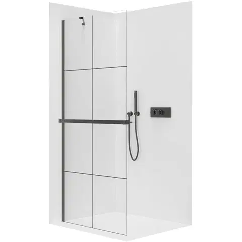 Držadlá k vani CERANO - Sprchová zástěna Walk-in Onyx Y L/P - 8 mm + polička/držák na ručníky - černá matná, industriální sklo - 150x200  CER-8050BD1407