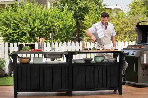 Záhradné stoly Záhradný stôl / skriňa s drezom UNITY CHEF 415L grafit Keter