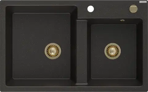 Kuchynské drezy MEXEN/S MEXEN/S - Tomas granitový drez 2-bowl 800x500 mm, čierna / zlatý metalik, + zlatý sifón 6516802000-75-G