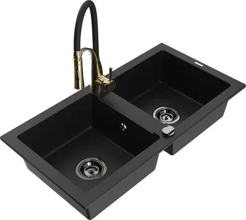 Kuchynské drezy MEXEN/S MEXEN/S - Mario granitový drez 2-bowl vrátane batérie Aster, čierna 6504-77-73450-57-B