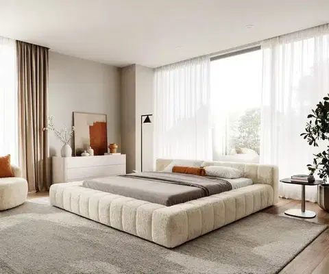 Čalúnené postele DELIFE Čalúnená posteľ Espazio 180x200 cm plyšový manšester krémovo biela