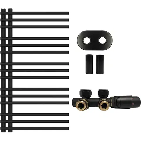 Doplnky do kúpeľne CERANO - Kúpeľňový radiátorový set Burke - ústredné vykurovanie - asymetrické pripojenie 50 mm - 348W - čierna matná - 900x500 mm CER-329423