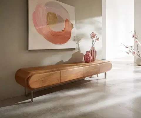 Televízne stolíky DELIFE TV stolík Sohara 175 cm akácia prírodná 4 dvierka podstava v tvare L strieborná