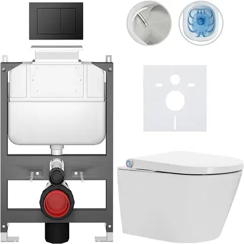 Záchody CERANO - Závesné WC s bidetom Basic/Cronus Standard - biela lesklá - WC tlačidlo Maxio/Čierna - ovládanie zhora - predstenová inštalácia - 59,3x38,4 CER-8050BD86440