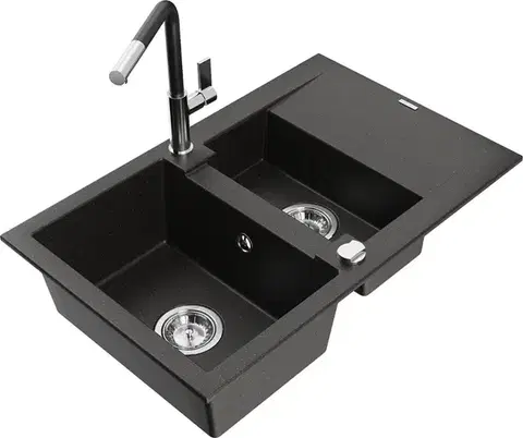 Kuchynské drezy MEXEN/S MEXEN/S - Gaspar granitový drez 1.5 s odkvapkávačom vrátane batérie Flora, čierna/zlatá metalik 6507-75-670401-07