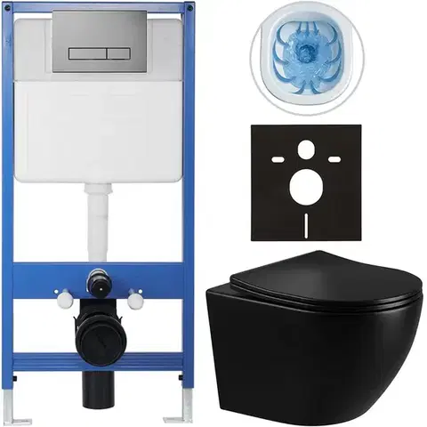 Záchody CERANO - Kompletný podomietkový WC set Lite/Cesso - čierna lesklá - WC tlačidlo Slim, tmavo šedá - predstenová inštalácia / sadrokartón - 49x36 CER-557367