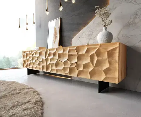 Televízne stolíky DELIFE TV stolík Solu 220 cm dub prírodný 2 dvierka 4 zásuvky závesná kovová podstava čierna 3D čelá