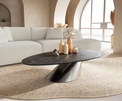 Konferenčné stolíky DELIFE Konferenčný stolík Edge oválny 140x75 cm keramika Laminam® Noir Desir hnedá Conis nerezová oceľ kefovaná