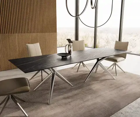 Jedálenské stoly DELIFE Jedálenský stôl Edge 300x100 keramika Laminam®Noir Desir hnedá Estelar okrúhly nerezová oceľ