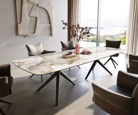 Jedálenské stoly DELIFE Jedálenský stôl Edge zaoblený 300×120 cm keramika Minas Melange bielo-béžová Estelar okrúhly kov čierna