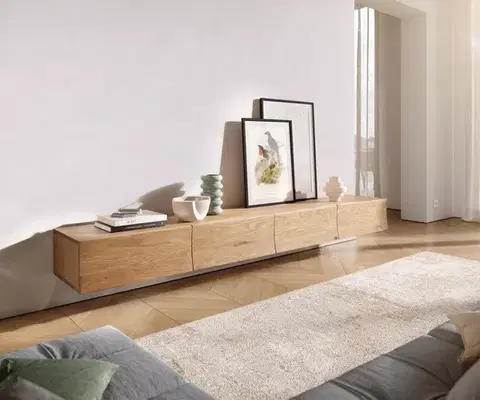 Televízne stolíky DELIFE TV stolík Wyatt 220 cm dub prírodný 4 zásuvky závesný