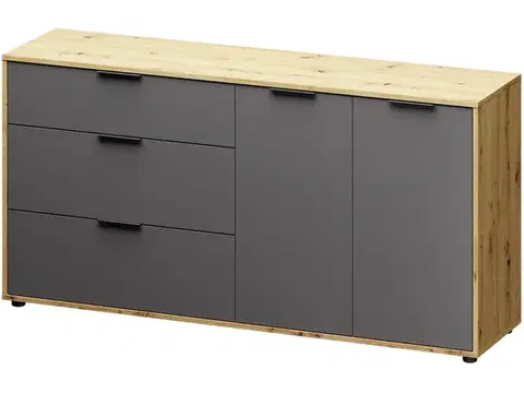 Komody NABBI Neston 1600-2D/3DR dvojdverová komoda so zásuvkami sivý grafit / dub wotan