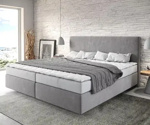 Postele Boxspring DELIFE Boxspring posteľ Dream-Well mikrovlákno sivá 200x200 cm bonellový matrac topper
