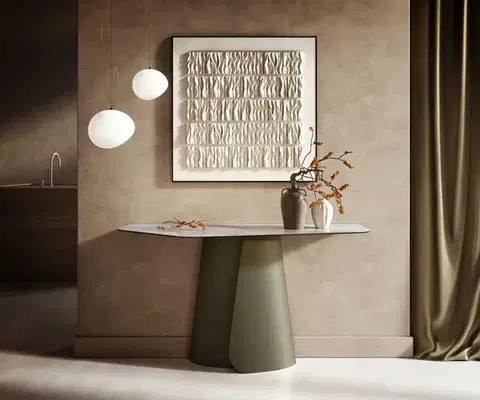 Konzolové stolíky DELIFE Konzolový stolík Edge polygonálny 140×50 cm keramika onyx perla Livos kov titánová farba