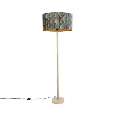 Stojace lampy Drevená stojaca lampa s oválnym zamatovým tienidlom s dizajnom listov 50 cm - Mels