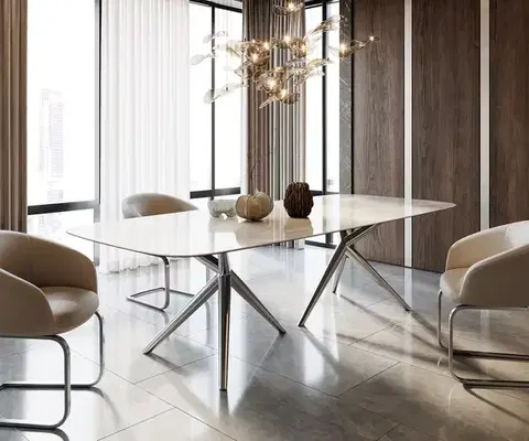 Jedálenské stoly DELIFE Jedálenský stôl Edge zaoblený tvar 270x120 keramika Iris FMG Onice Grigio Estelar okrúhly nerezová oceľ