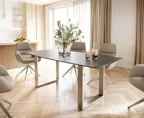Jedálenské stoly DELIFE Jedálenský stôl Edge oválny tvar 200x100 keramika Laminam® Nero Greco antracitová nerezová oceľ úzky