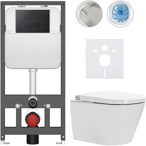 Záchody CERANO - Závesné WC s bidetom Basic/Cronus Standard - biela lesklá - WC tlačidlo Modulo/Čierna - závesné - predstenová inštalácia - 59,3x38,4 CER-8050BD86458