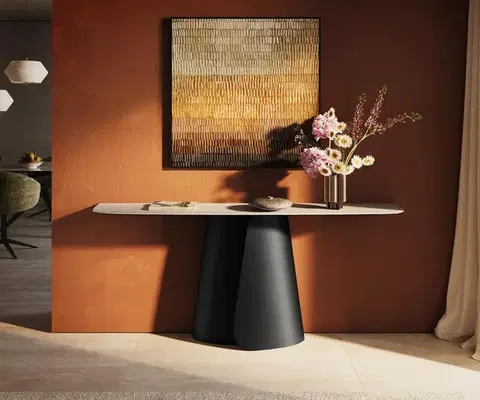 Konzolové stolíky DELIFE Konzolový stolík Edge zaoblený tvar 180×40 cm keramika Laminam® Travertino Bianco krémovo biela Livos kov čierna