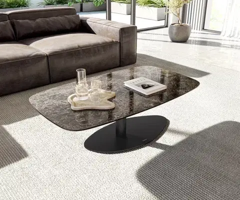 Konferenčné stolíky DELIFE Konferenčný stolík Edge zaoblený 120x70 cm keramika Laminam® Emperador Extra Lucidato tmavohnedá Vibany kov čierna