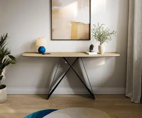 Konzolové stolíky DELIFE Konzolový stolík Edge zaoblený 180×40 cm keramika Laminam® sabbia v dubovej farbe Velio kov čierna