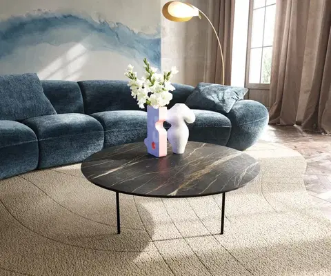 Konferenčné stolíky DELIFE Konferenčný stolík Edge okrúhly 90x90 cm keramika Laminam® Noir Desir hnedá Trive kov čierna