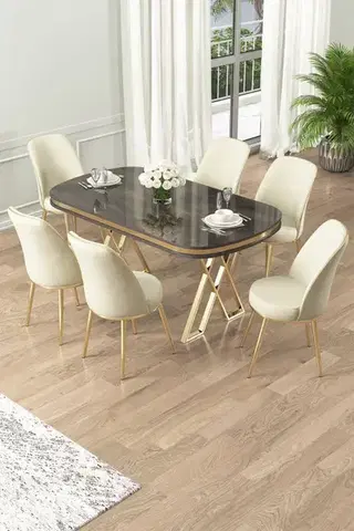 Jedálenské sety Dining Table & Chairs Set (7 Pieces) Lai - Anthracite, Gold, Cream