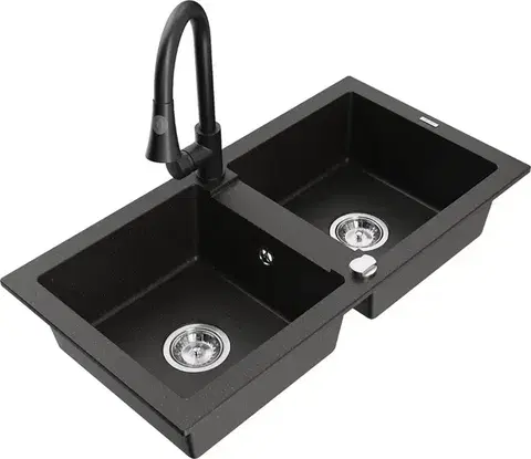 Kuchynské drezy MEXEN/S MEXEN/S - Mario granitový drez 2-bowl vrátane batérie Elia, čierna/zlatá metalik 6504-75-670101-70