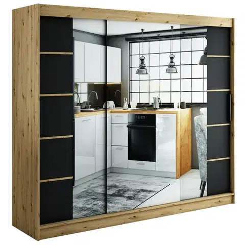 Šatníkové skrine Skriňa Halifax V4 250 Dub Artisan/čierna/Zrkadlo
