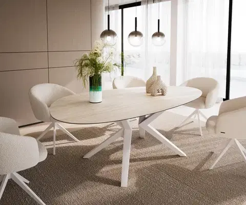 Jedálenské stoly DELIFE Jedálenský stôl Edge oválny 220x120 keramika Laminam®Travertino Bianco bielo-krémová Zenthara hranatý kov biela