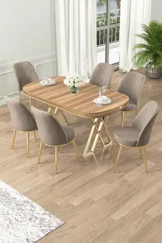 Jedálenské sety Dining Table & Chairs Set (7 Pieces) Lai - Light Walnut, Gold, Cappuccino
