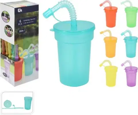 Poháre Kinekus Pohár na vodu 380 ml so slamkou, plastový, balenie 6ks mix