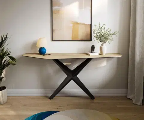 Konzolové stolíky DELIFE Konzolový stolík Edge polygonálny 180×50 cm keramika Laminam® sabbia dubová farba Zentharo kov čierna