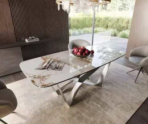 Jedálenské stoly DELIFE Jedálenský stôl Edge zaoblený tvar 200x100 keramika Minas Melange bielo-béžová Spider plochá oceľ nerezová oceľ