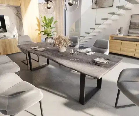 Jedálenské stoly DELIFE Jedálenský stôl Edge 260x100 akácia platinová tenká podstava čierna Live-Edge