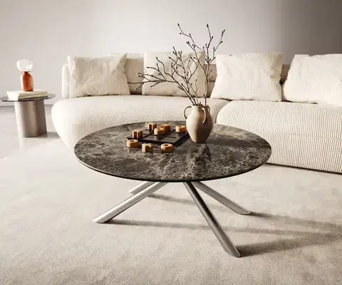 Konferenčné stolíky DELIFE Konferenčný stolík Edge okrúhly 90x90 cm keramika Laminam® Emperador Extra Lucidato tmavohnedá Sarity nerezová oceľ kefovaná