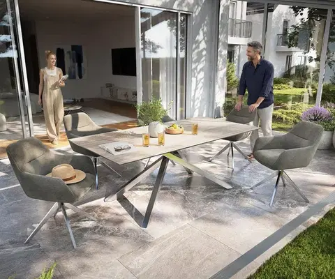 Záhradné stoly DELIFE Záhradný stôl Edge 200×100 cm keramika Laminam® Travertino Bianco bielo-krémová krížová podstava obdĺžnik nerezová oceľ