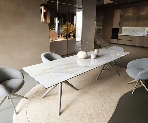 Jedálenské stoly DELIFE Jedálenský stôl Edge 300×100 cm keramika onyx perla Estelar okrúhly kov titánová farba