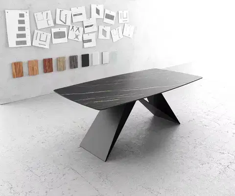 Jedálenské stoly DELIFE Jedálenský stôl Edge oválny tvar 200x100 cm Laminam® keramika Noir Desir hnedá podstava v tvare V čierna