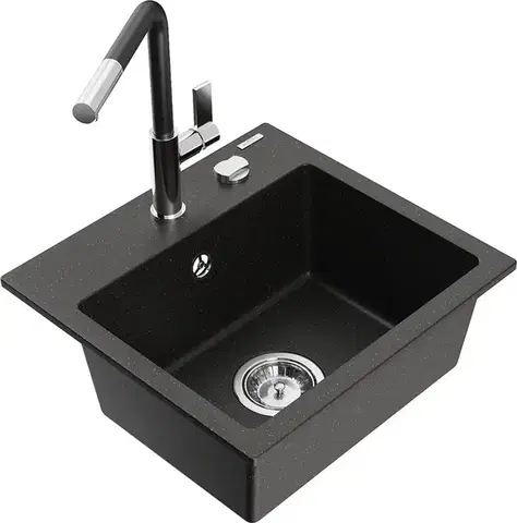 Kuchynské drezy MEXEN/S MEXEN/S - Milo granitový drez 1-miska vrátane batérie Flora, čierna/zlatá metalik 6505-75-670401-07