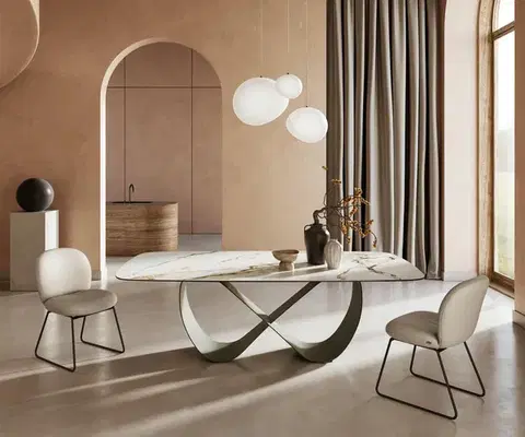 Jedálenské stoly DELIFE Jedálenský stôl Edge zaoblený tvar 240x120 cm keramika Calacatta Luxe bielo-zlato-šedá Infinity kov efektové prevedenie titán