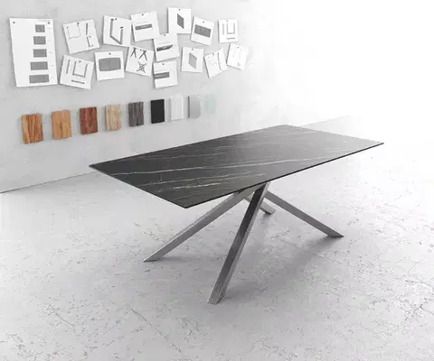 Jedálenské stoly DELIFE Jedálenský stôl Edge 200x100 cm keramika Laminam®Noir Desir hnedá kovová podstava v tvare kríža nehrdzavejúca oceľ hranatý