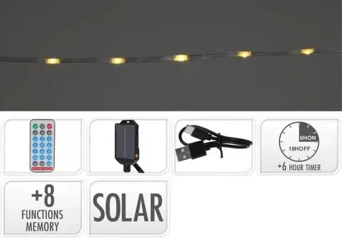 Záhradné lampy Kinekus Svetlo 240 LED, 12m, reťaz, teplé biele solárne s časovačom, s funkciami