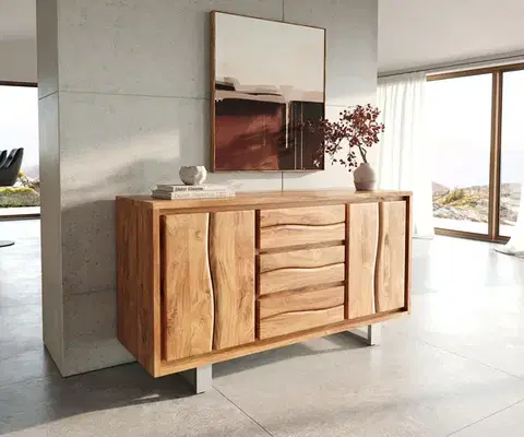 Komody DELIFE Komoda Live-Edge 147 cm akácia prírodná 3 zásuvky 2 dvierka